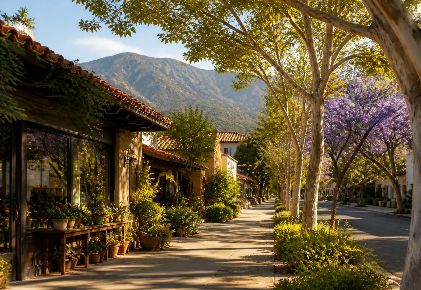 A tree-lined foothill street in Tujunga, with terracotta-tiled buildings and the San Gabriel Mountains beyond
