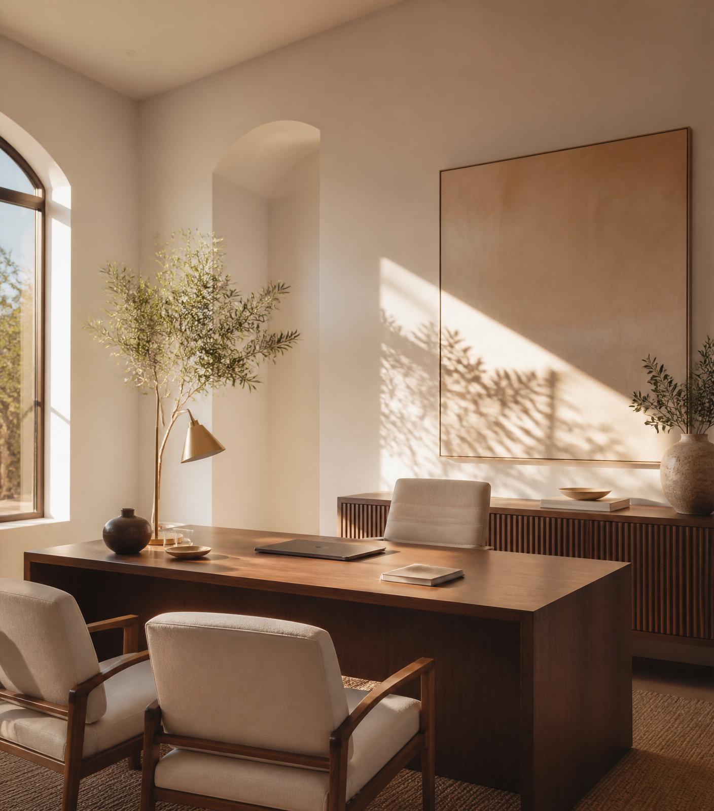 A warm, sunlit boutique advisory office with olive branches and wooden furniture